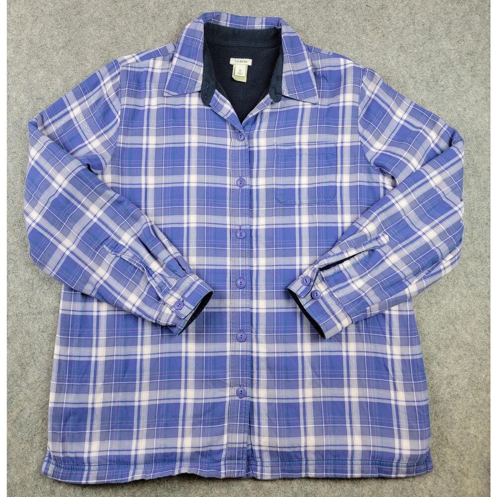L.L.Bean Shirt Womens Medium Purple Plaid Fleece Lined Shacket Casual